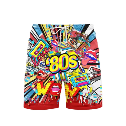Colorful shorts with 80s-themed graphics on a white background