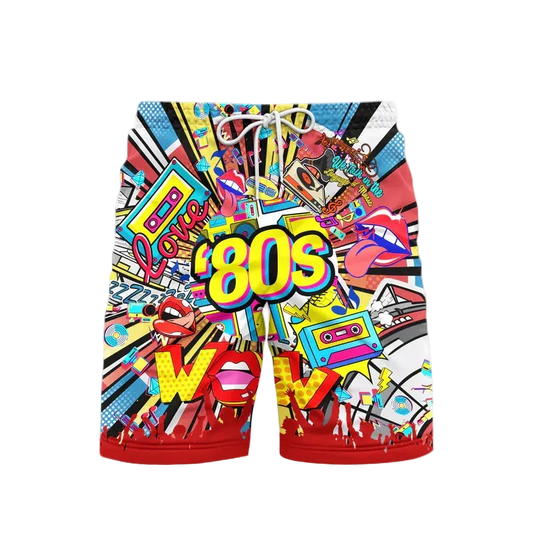 Colorful shorts with 80s-themed graphics on a white background