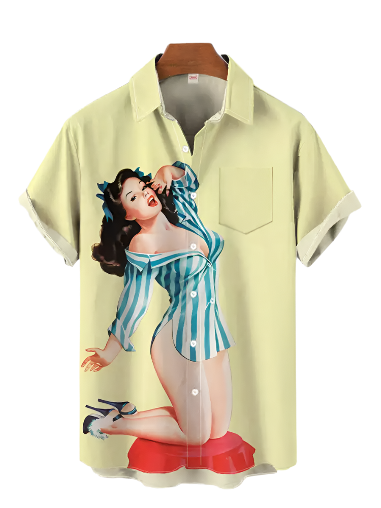 Light yellow shirt with a graphic of a woman in a blue striped dress on a white background