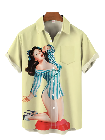 Light yellow shirt with a graphic of a woman in a blue striped dress on a white background