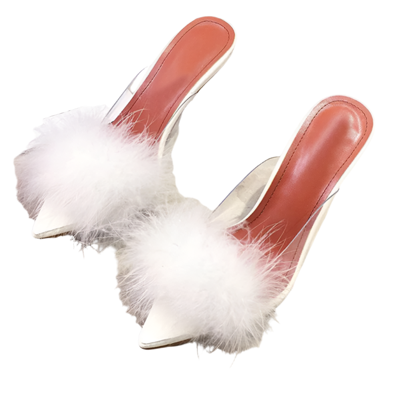 fluffy transparent PVC slippers with spike heels and pointed toe design for resort parties