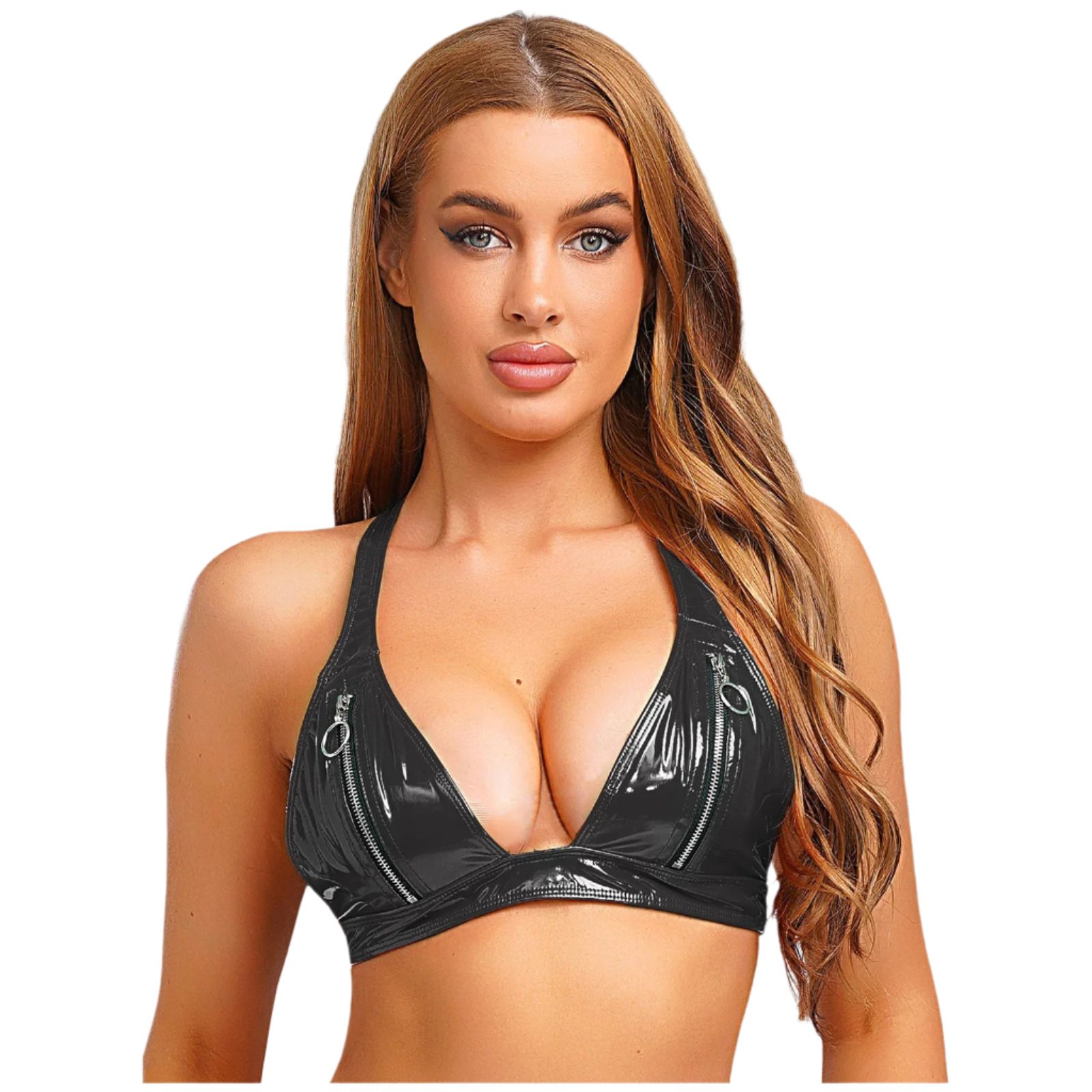 Woman wearing a black vinyl bralette on a white background