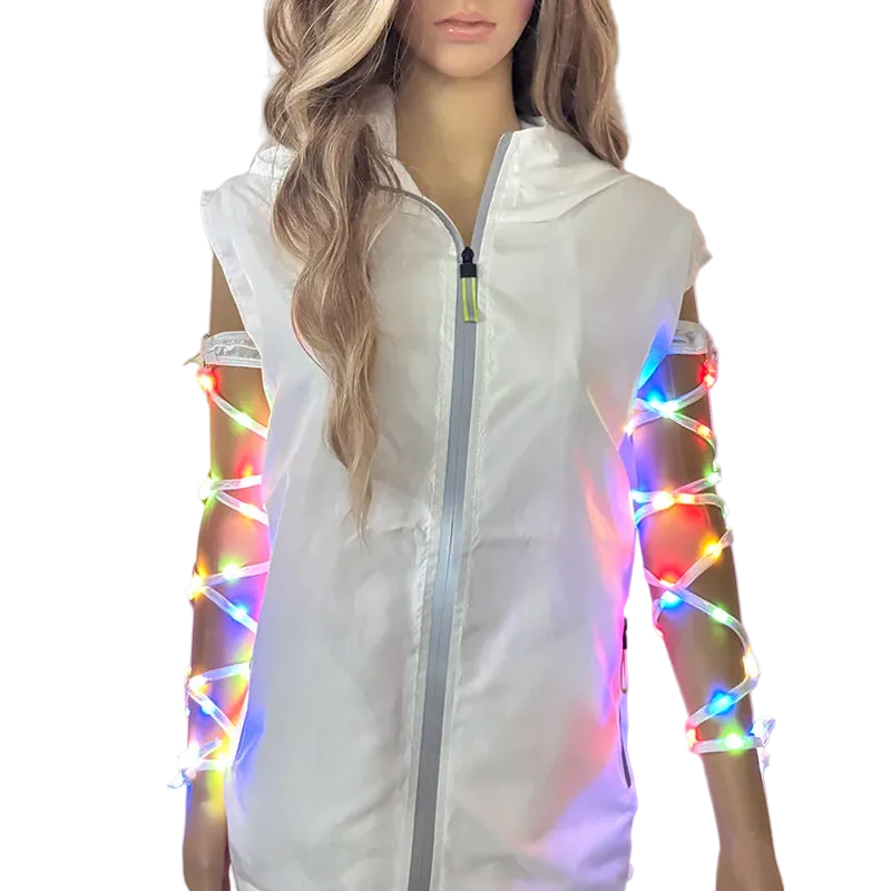 Mannequin wearing a white sleeveless jacket with LED arm bands on a neutral background