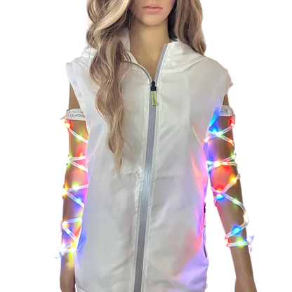 Mannequin wearing a white sleeveless jacket with LED arm bands on a neutral background