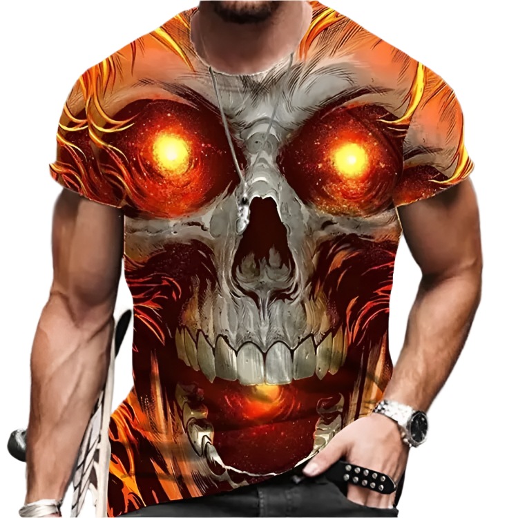 Person wearing a t-shirt with a skull design featuring fiery eyes.