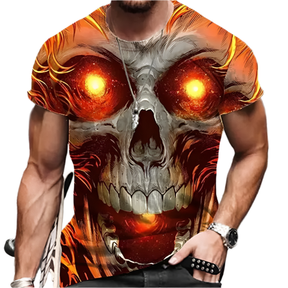 Person wearing a t-shirt with a skull design featuring fiery eyes.