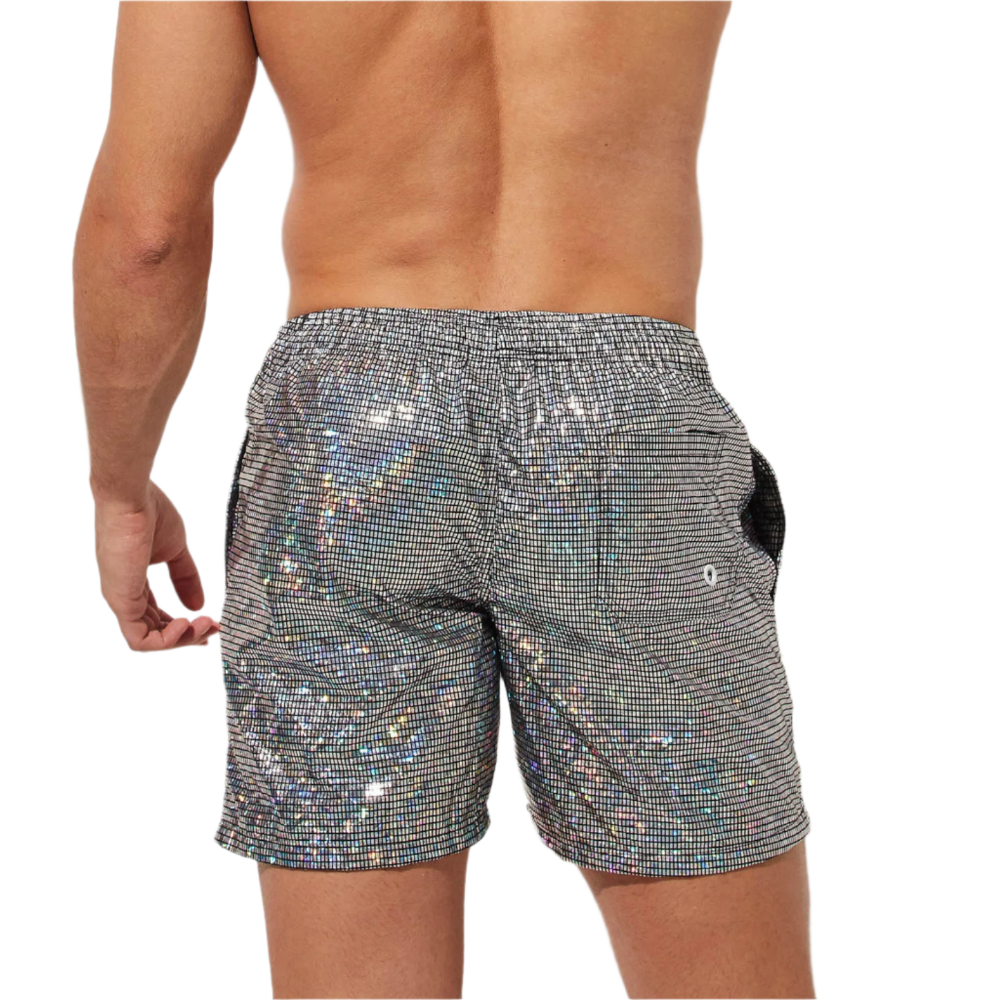 Silver holographic swim shorts with drawstring, perfect for a stylish beach day at the resort.