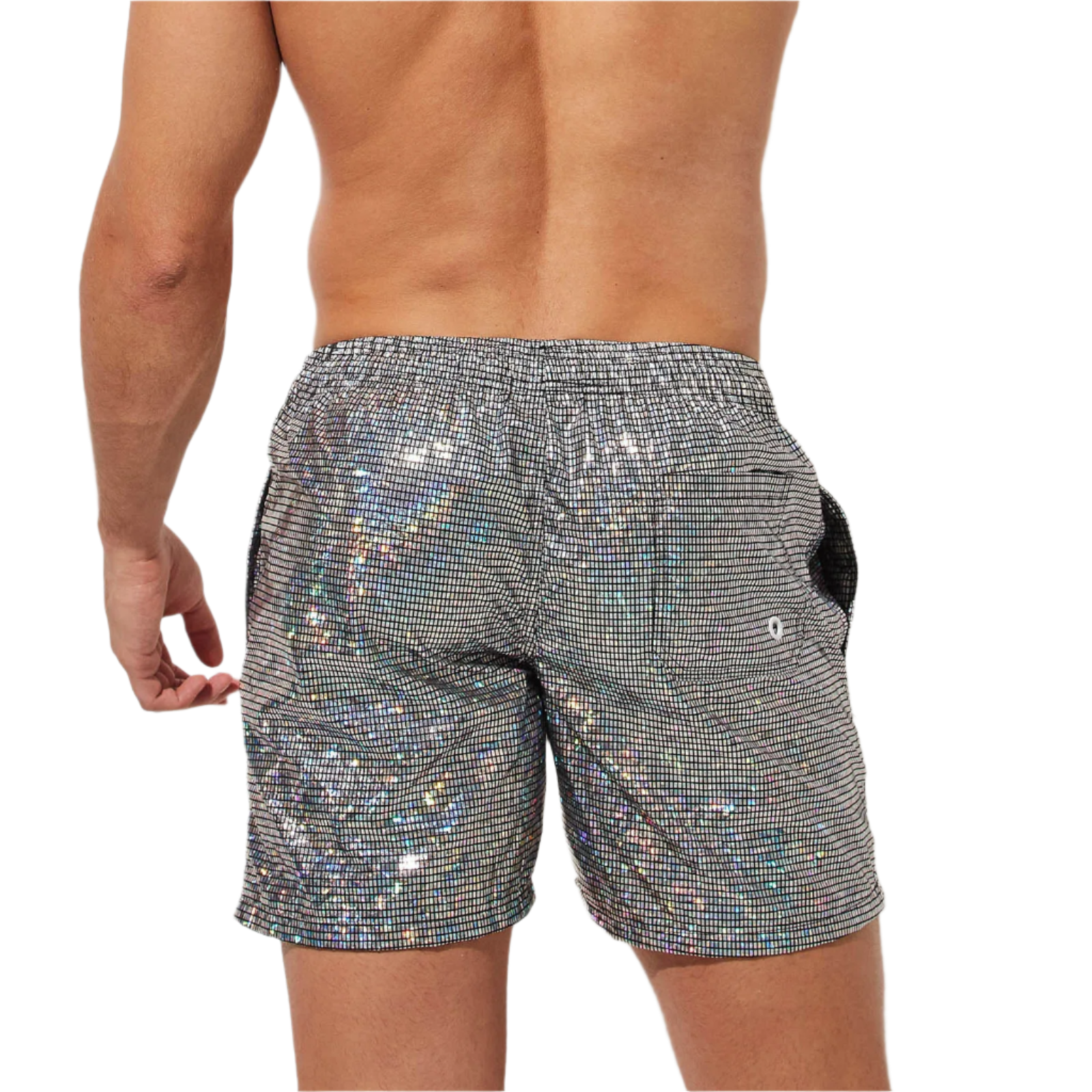 Silver holographic swim shorts with drawstring, perfect for a stylish beach day at the resort.