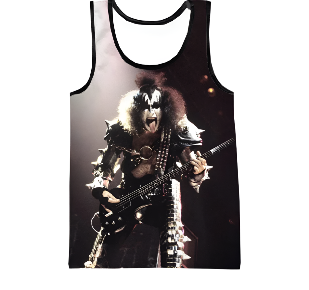 Tank top with a graphic of a musician playing guitar on a white background