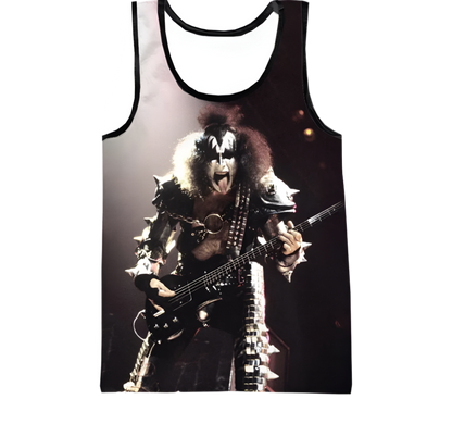 Tank top with a graphic of a musician playing guitar on a white background