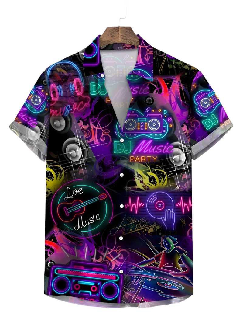 Colorful shirt with music-themed design on a white background