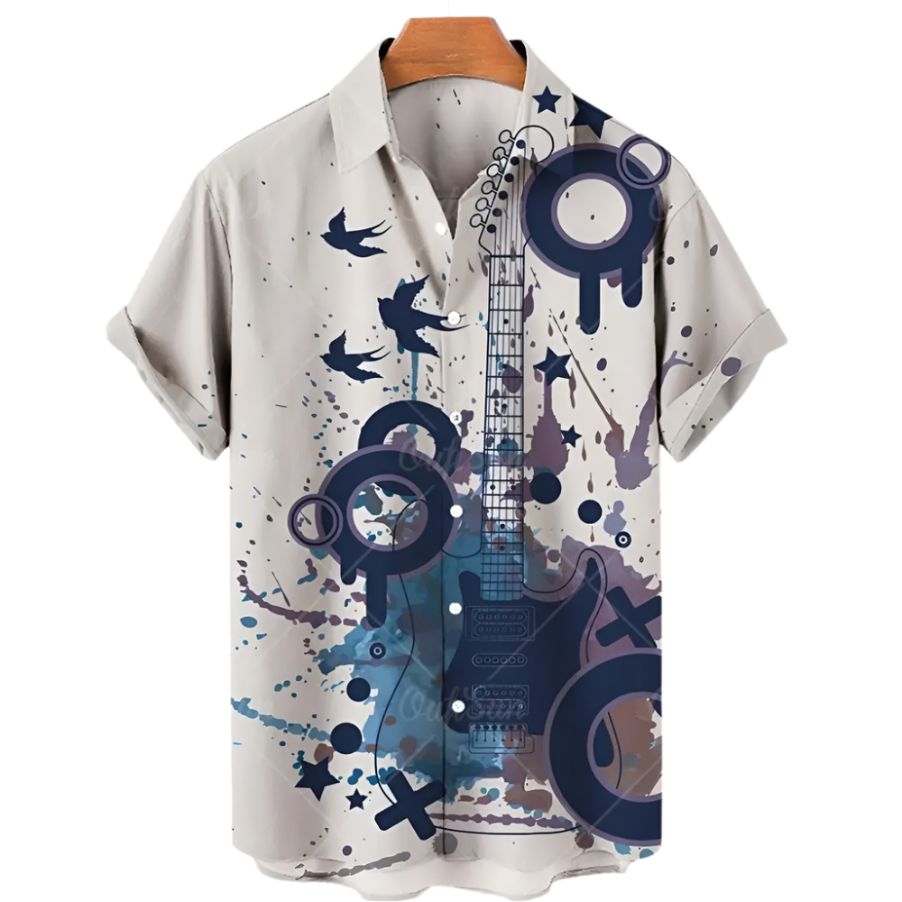 Short-sleeve shirt with guitar and abstract design on a white background
