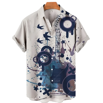 Short-sleeve shirt with guitar and abstract design on a white background