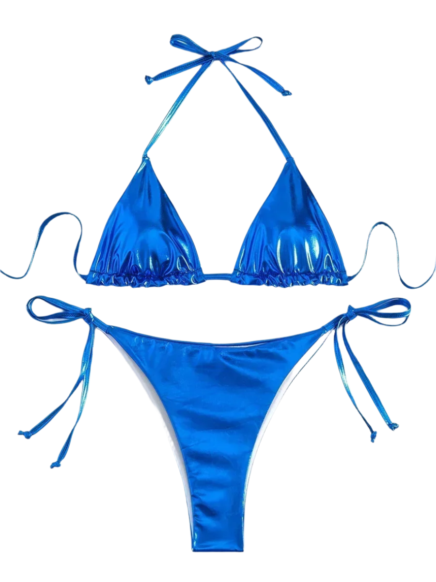 A shiny, iridescent bikini in shades of blue It features a classic triangle top and tie-side bottoms, creating a vibrant and eye-catching beachwear style.