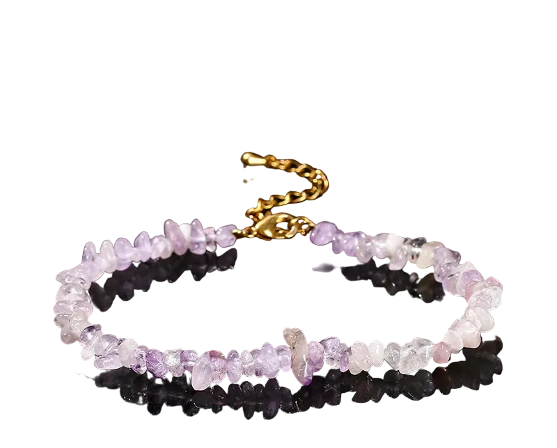 Natural Violet Amethyst bracelet with gold clasp on a black background