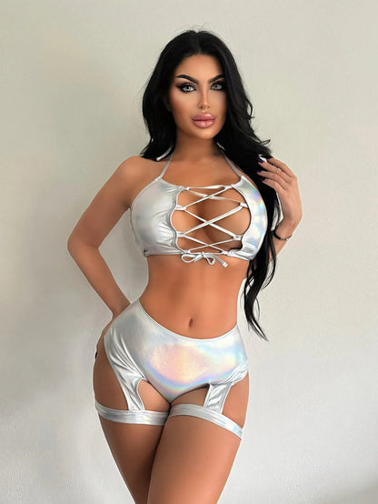 Split set sexy hollow suspender vest laser leg loop shorts two-piece set