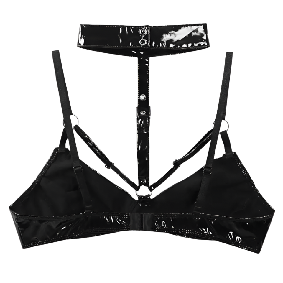 Black lingerie set with straps on a white background