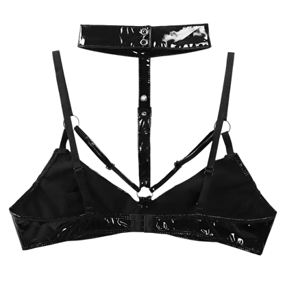 Black lingerie set with straps on a white background