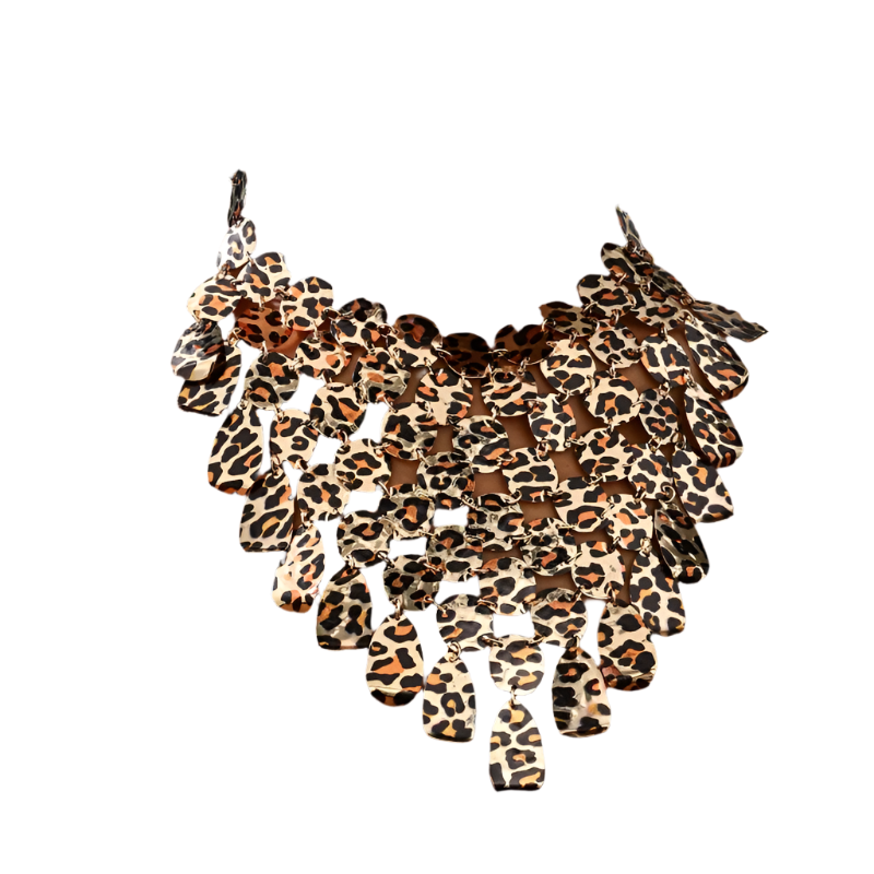 Dramatic oversized leopard print metal disc choker with flowing tassels, featuring luxurious multi-layer design for statement appeal