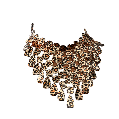 Dramatic oversized leopard print metal disc choker with flowing tassels, featuring luxurious multi-layer design for statement appeal