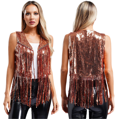 A sleeveless vest with sequins and fringe detailing. The vest is embellished with small studs, adding a touch of sparkle and flair to any outfit.
