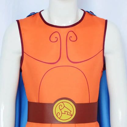 Greek Hero Costume: An orange tunic-style costume with a brown belt and blue cape, inspired by a classic Greek hero look.

