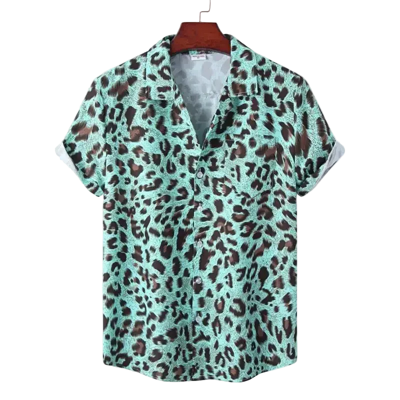 Leopard print shirt on a hanger with a white background