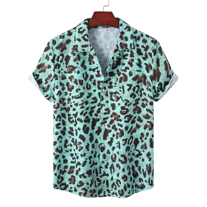 Leopard print shirt on a hanger with a white background