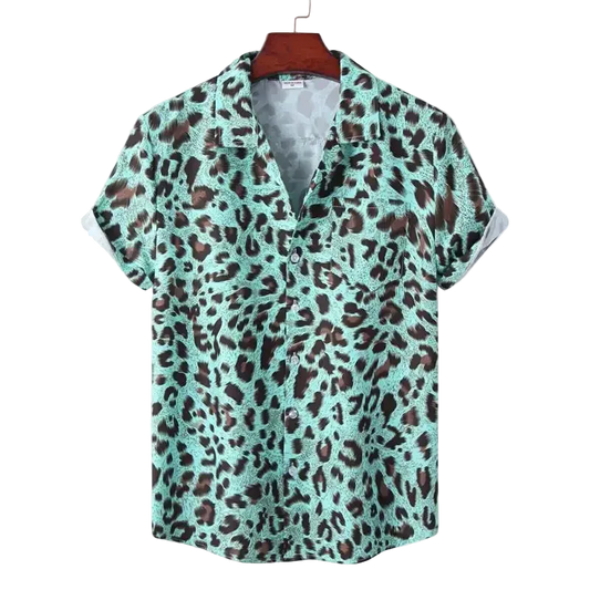 Leopard print shirt on a hanger with a white background