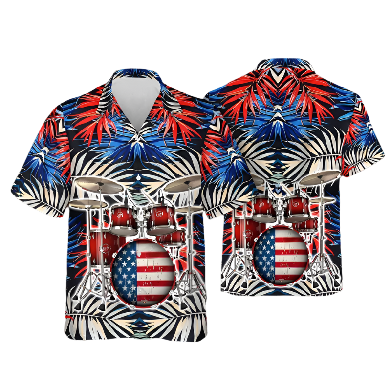 Hawaiian shirt with drum set and American flag design on a blurred background