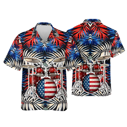 Hawaiian shirt with drum set and American flag design on a blurred background
