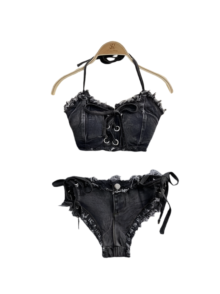 Black denim lace lingerie set on a hanger against a fluffy white