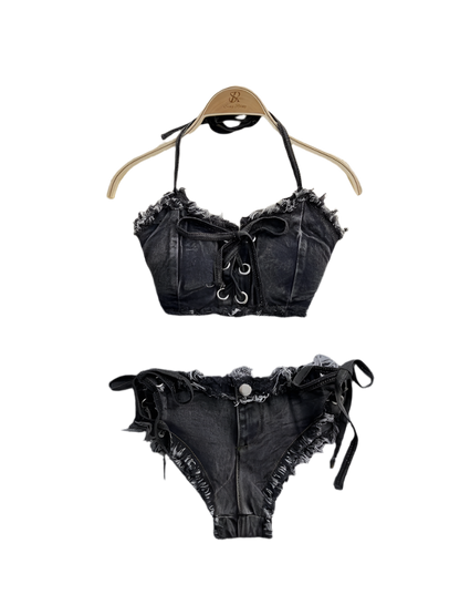 Black denim lace lingerie set on a hanger against a fluffy white