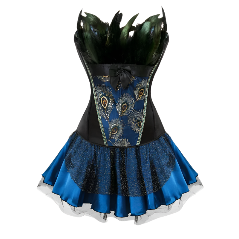 Peacock Embroidery Princess Costumes Burlesque Overbust Corsets Dresses with Skirt Feather Plus Size