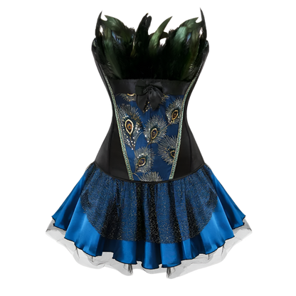 Peacock Embroidery Princess Costumes Burlesque Overbust Corsets Dresses with Skirt Feather Plus Size