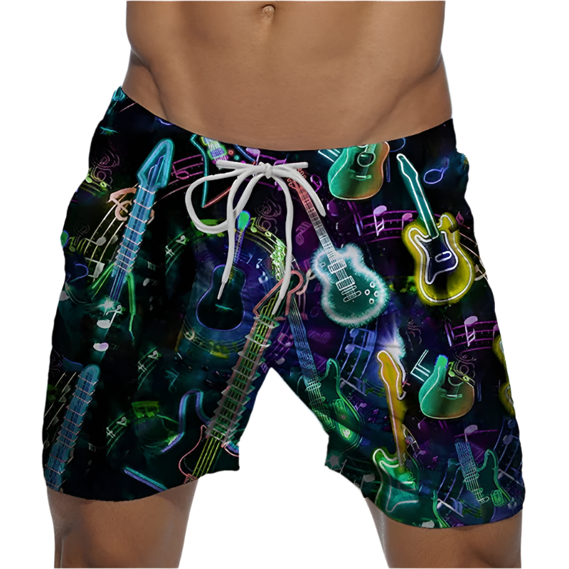 Colorful swim shorts featuring neon tropical designs with guitars