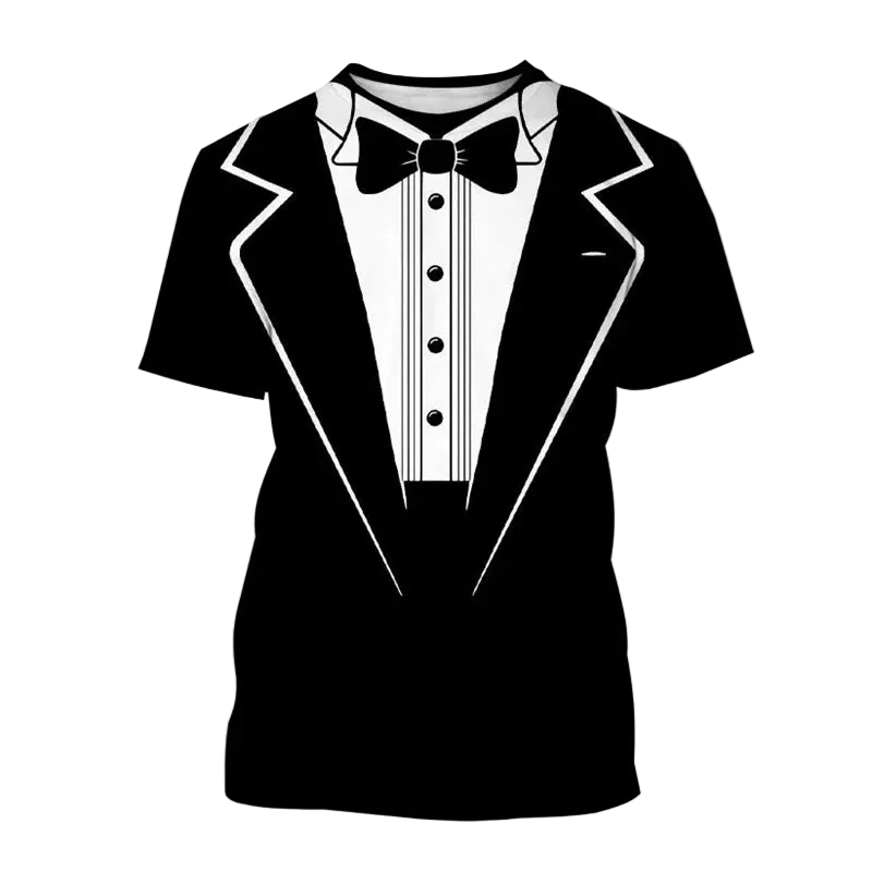 A black and white tuxedo-print short-sleeve t-shirt on a plain white background, with the word 'coffee' in purple text in the upper left corner.