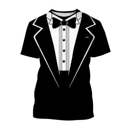 A black and white tuxedo-print short-sleeve t-shirt on a plain white background, with the word 'coffee' in purple text in the upper left corner.