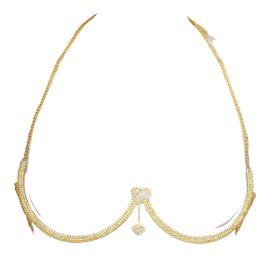 Gold chain bralette with rhinestone-embellished cups and a central bow detail, displayed on a white mannequin torso.