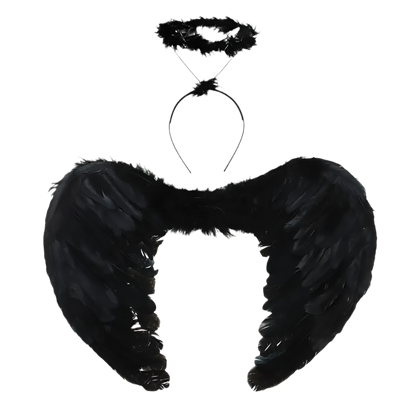 Black feathered angel wings and halo on a white background