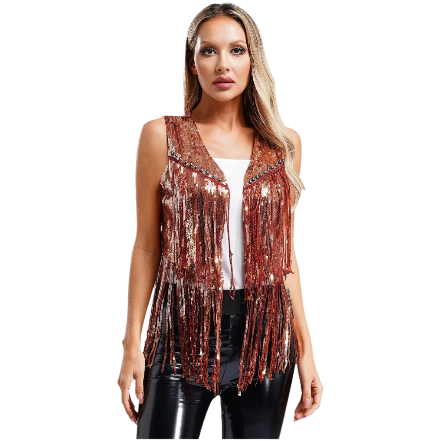 A sleeveless vest with sequins and fringe detailing. The vest is embellished with small studs, adding a touch of sparkle and flair to any outfit.
