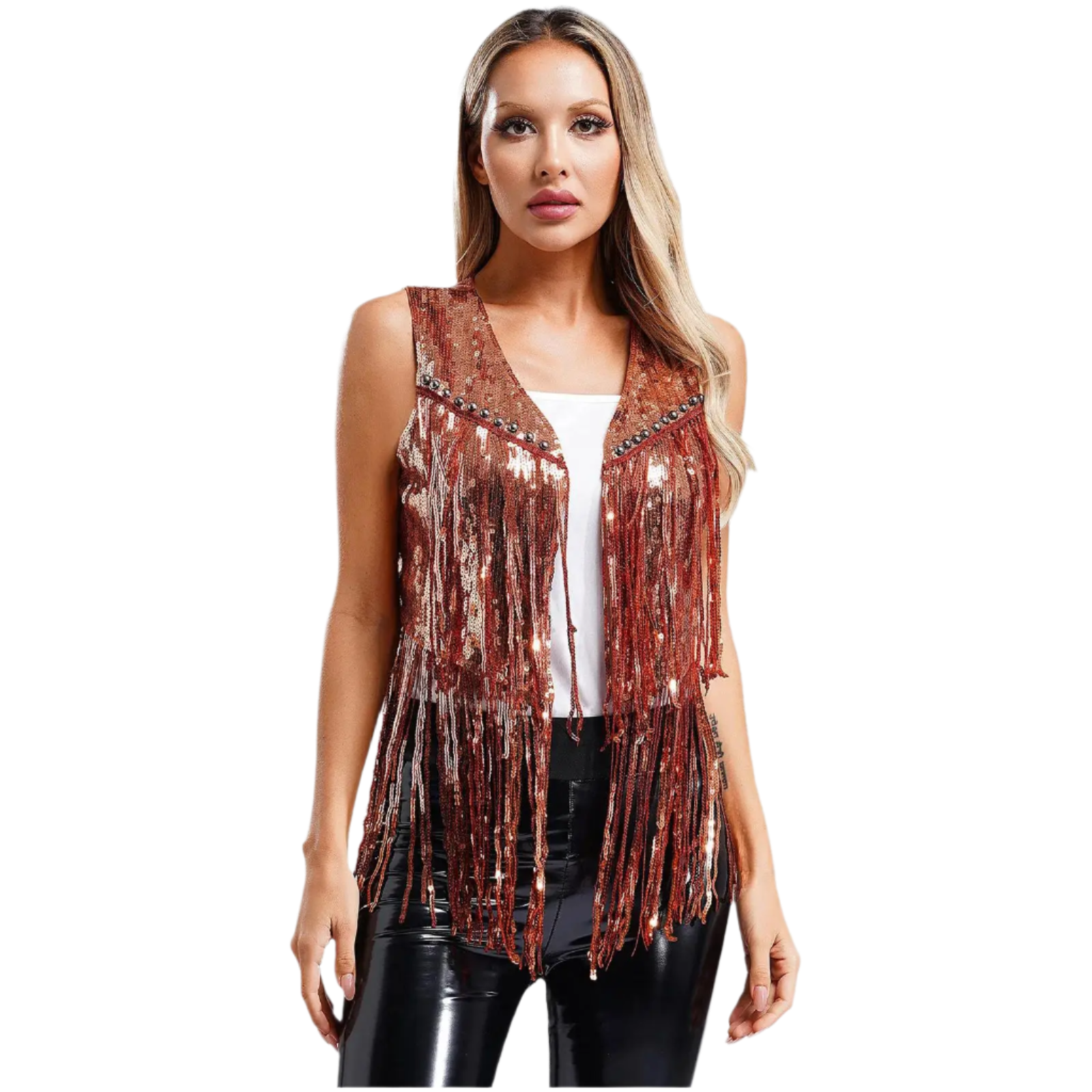 A sleeveless vest with sequins and fringe detailing. The vest is embellished with small studs, adding a touch of sparkle and flair to any outfit.
