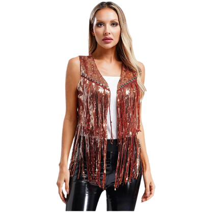 A sleeveless vest with sequins and fringe detailing. The vest is embellished with small studs, adding a touch of sparkle and flair to any outfit.
