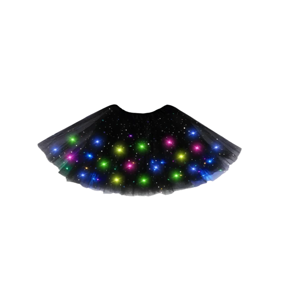 LED Light-Up Skirt: A black skirt featuring colorful LED lights embedded within, creating a twinkling effect with various colors like pink, green, and blue.

