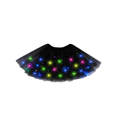 LED Light-Up Skirt: A black skirt featuring colorful LED lights embedded within, creating a twinkling effect with various colors like pink, green, and blue.

