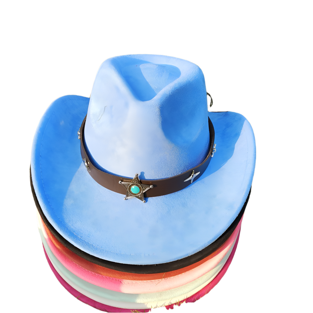 Stack of colorful cowboy hats with a star emblem on a grassy background