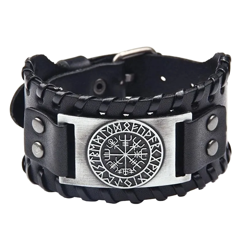 Black leather bracelet with metal Vegvisir emblem on a white background