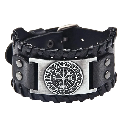 Black leather bracelet with metal Vegvisir emblem on a white background