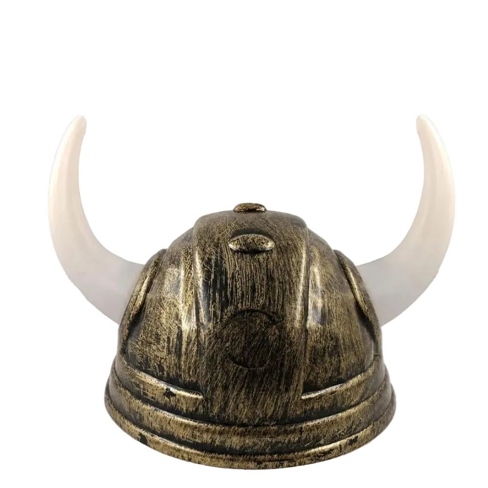 A Viking-style horned helmet with a distressed bronze and black metallic finish, featuring two curved white horns, shown against a plain white background.