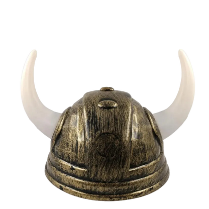A Viking-style horned helmet with a distressed bronze and black metallic finish, featuring two curved white horns, shown against a plain white background.